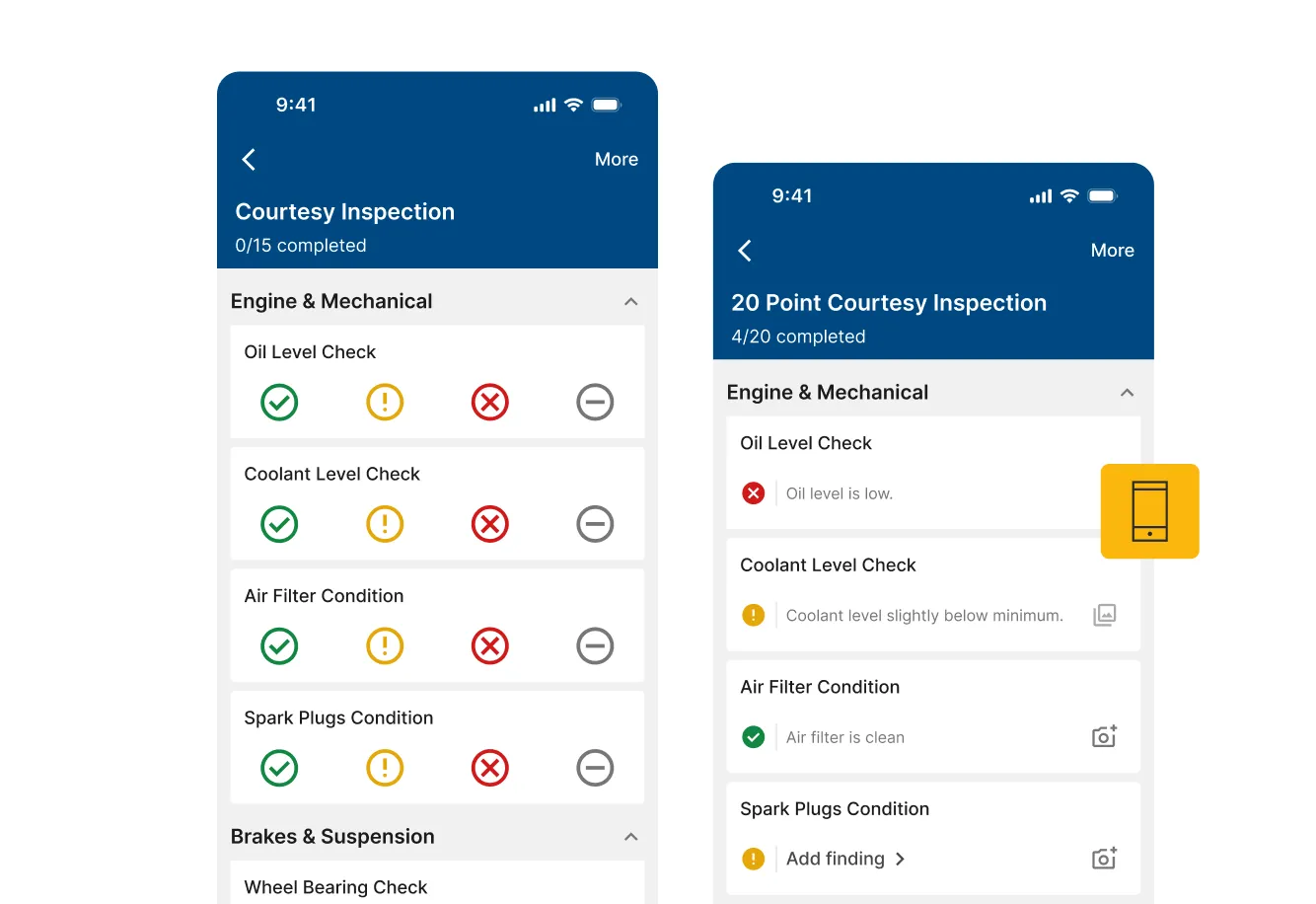 Example digital courtesy inspection report shown on a phone, with color-coded status for each inspection item